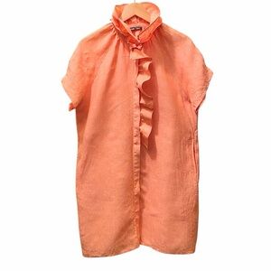 Boho Chic Light Orange Ruffled Linen Short Sleeve Dress Med/Large Resortwear